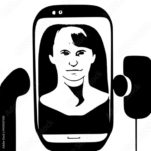 Black and White Silhouette or Line Art Illustration of Man or Woman Handing Mobile Phone - Communication Concept
