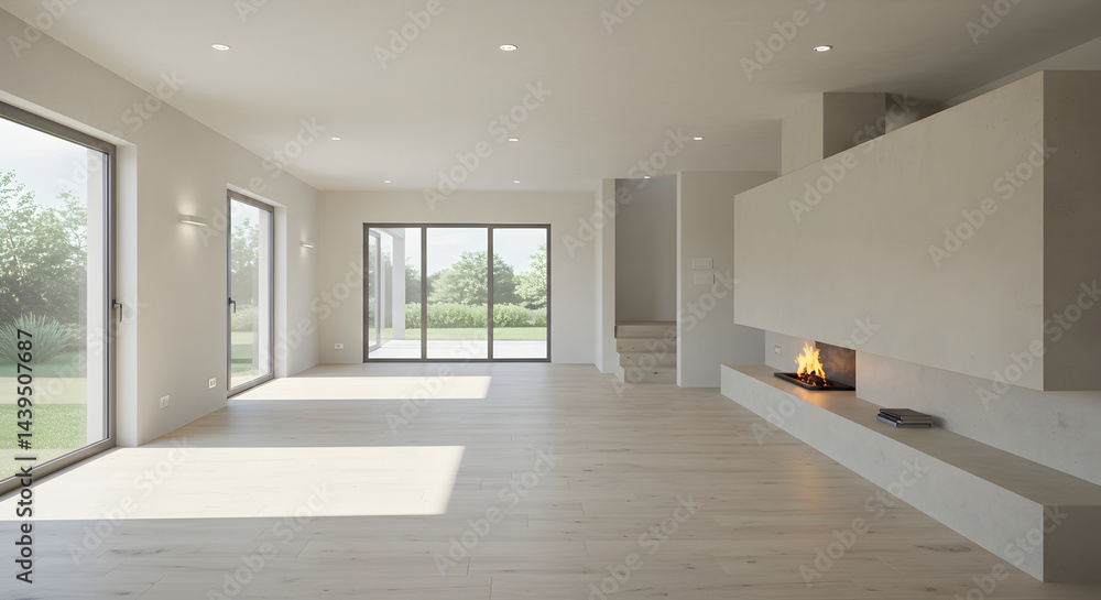 Fototapeta premium Bright Open Living Room With Fireplace And Garden View In New House