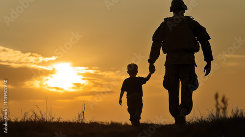 Soldier returning home walking with child at sunset military family