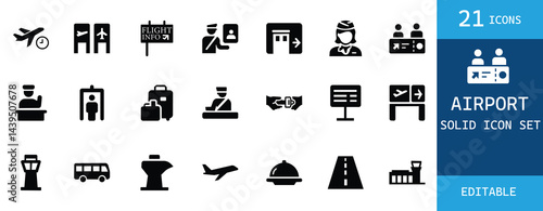 Airport solid icon set including airplane, luggage, flight information, security check, passport control, runway, and travel services. Perfect for web, app, and infographic design
