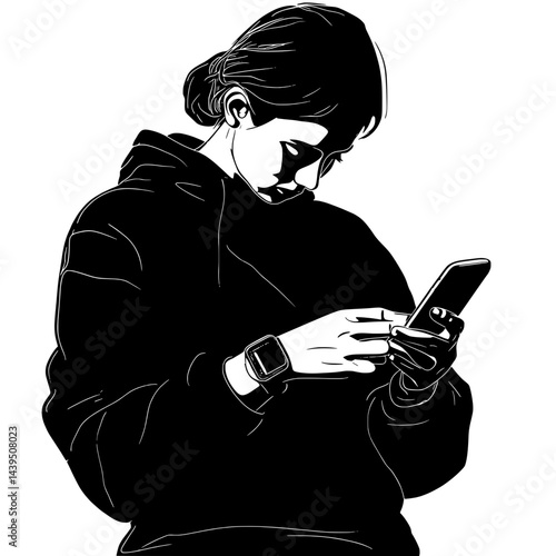 Black and White Silhouette or Line Art Illustration of Man or Woman Handing Mobile Phone - Communication Concept