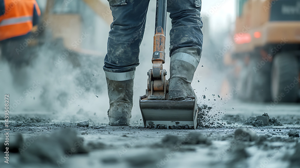 Construction Worker Using Jackhammer on Concrete Construction Worker Using Jackhammer on Concrete