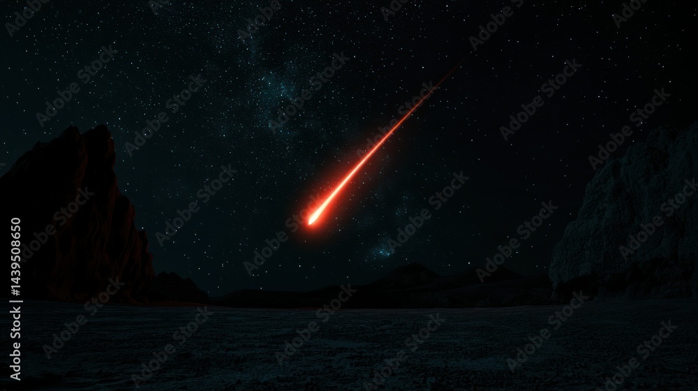 Naklejka premium A fiery meteor streaks across the dark expanse of night sky