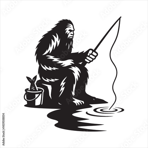 Black and white silhouette of Bigfoot (Yeti) sitting on a rock, fishing near a lake, with the bucket containing a fish placed clearly to the left