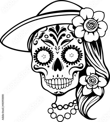 "Elegant Sugar Skull Lady – Black and White Day of the Dead Vector Art Featuring Floral and Ornamental Details with Vintage Accessories"