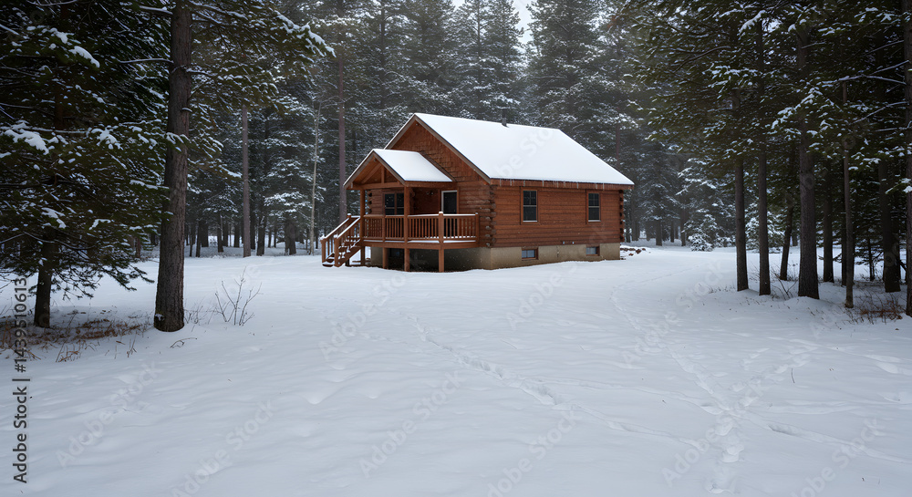 Cozy Cabin Retreat Nestled Among Snow Covered Trees in Winter Season Cozy Cabin Retreat Nestled Among Snow Covered Trees in Winter Season