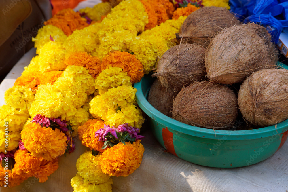 flower necklaces at hindu banana festival in baga goa