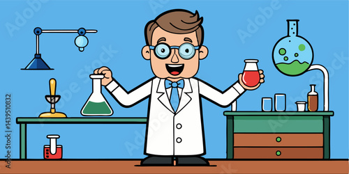 Cartoon Scientist in a Lab with Beakers and Flasks