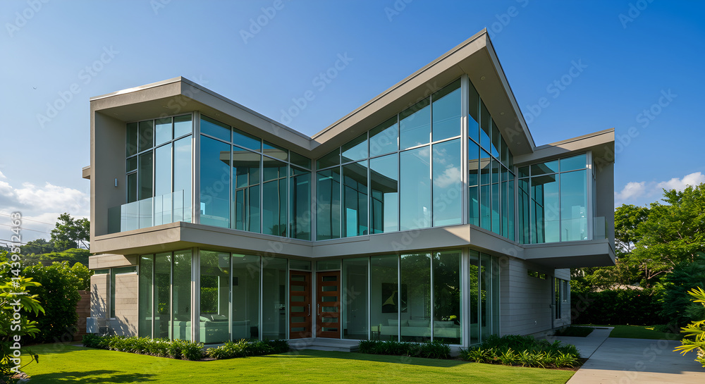 Geometric Architectural Marvel House With Glass Walls Under Clear Blue Sky Geometric Architectural Marvel House With Glass Walls Under Clear Blue Sky