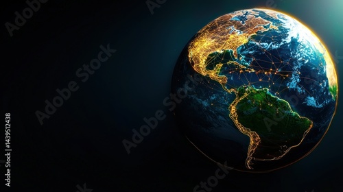 Earth globe, night view, global network, space