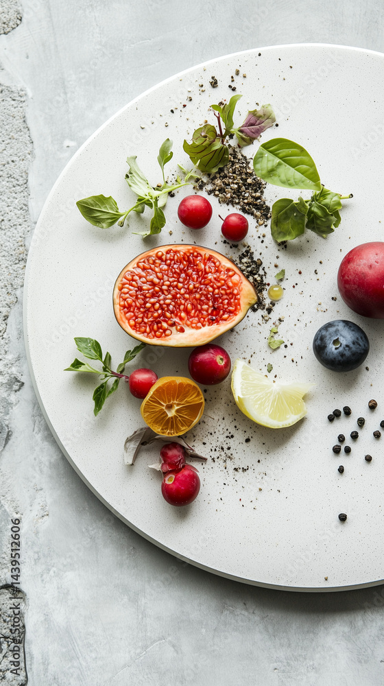 Smooth stone plate with healthy food elements, minimalist layout
Smooth stone plate with healthy food elements, minimalist layout