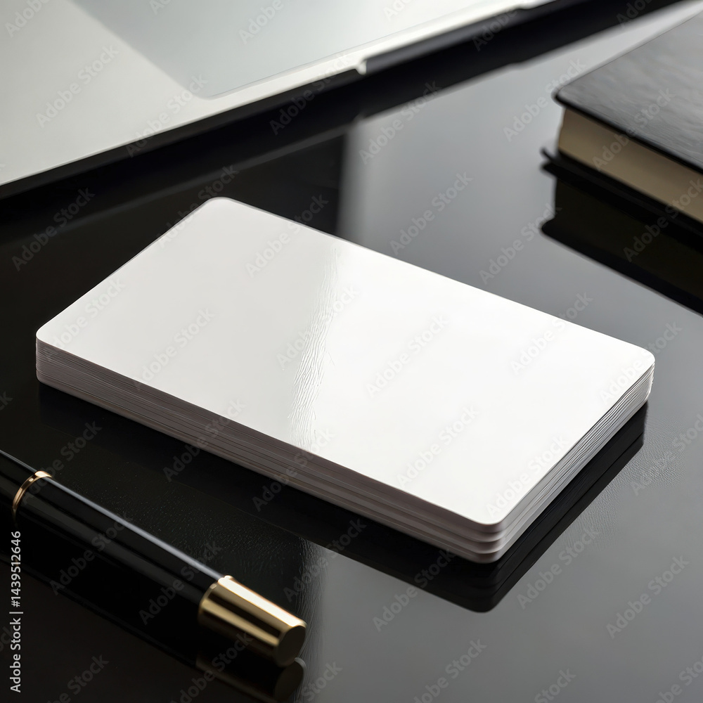 Mockup of blank business cards on sleek desk background Mockup of blank business cards on sleek desk background