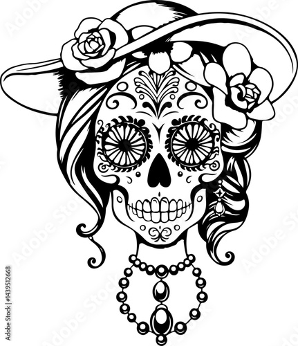 "Elegant Sugar Skull Lady – Black and White Day of the Dead Vector Art Featuring Floral and Ornamental Details with Vintage Accessories"