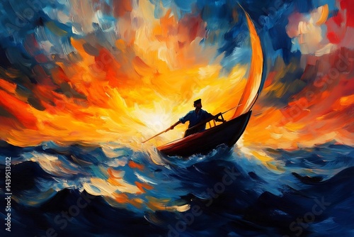 Impressionistic seascape with boatman against vivid sunset hues painting