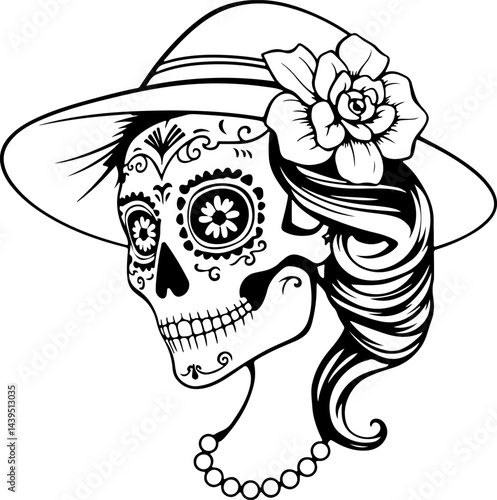 "Elegant Sugar Skull Lady – Black and White Day of the Dead Vector Art Featuring Floral and Ornamental Details with Vintage Accessories"