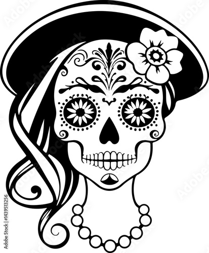 "Elegant Sugar Skull Lady – Black and White Day of the Dead Vector Art Featuring Floral and Ornamental Details with Vintage Accessories"