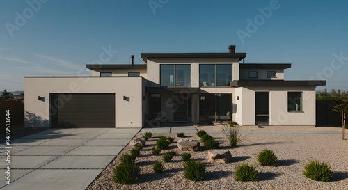 Contemporary Home Exterior With Desert Landscaping And Clear Blue Sky