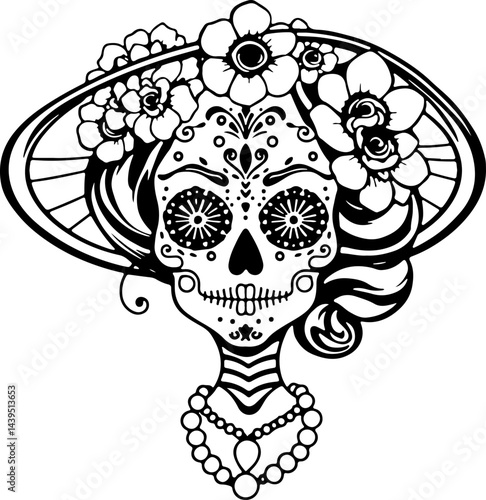 "Elegant Sugar Skull Lady – Black and White Day of the Dead Vector Art Featuring Floral and Ornamental Details with Vintage Accessories"