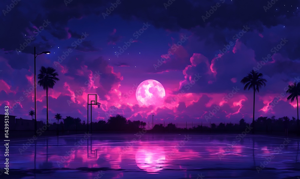 Naklejka premium Basketball Court with Pink Moon at Night