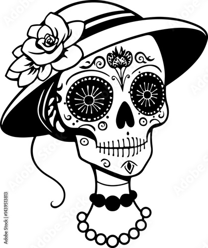 "Elegant Sugar Skull Lady – Black and White Day of the Dead Vector Art Featuring Floral and Ornamental Details with Vintage Accessories"