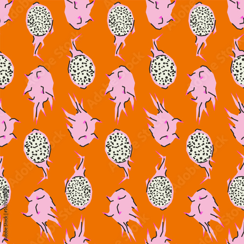 Seamless pattern with dragon fruit, pitaya, pitahaya. Pink  vector print, design, background