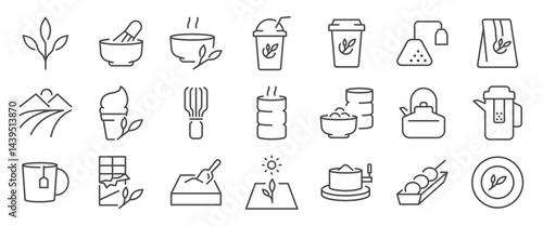 Matcha icon set. It includes green tea, tea cup, tea, drink, farm, and more icons. Editable Vector Stroke.