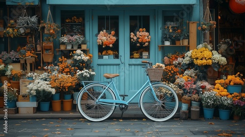 Retro bicycle leaning against a colorful flower shop storefront,generative ai illustration