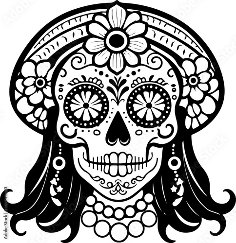 "Elegant Sugar Skull Lady – Black and White Day of the Dead Vector Art Featuring Floral and Ornamental Details with Vintage Accessories"