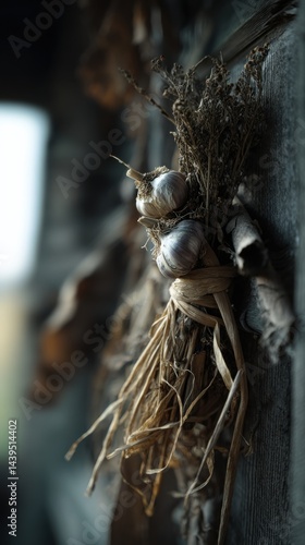 Wallpaper Mural Dry garlic and herbs hanging in a rustic kitchen for culinary use and decoration during autumn Torontodigital.ca