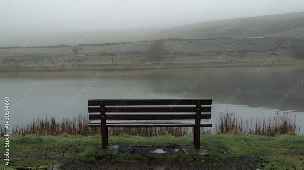 Empty park bench facing a misty Indistinct Empty park bench facing a misty Indistinct