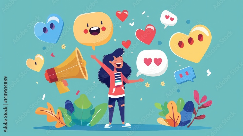 Fototapeta premium Cartoon woman with megaphone surrounded by hearts and speech bubbles on a teal background