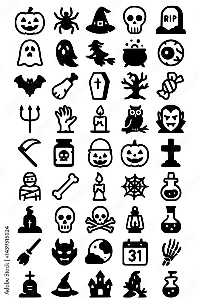 Halloween Spooky Icons. Halloween, spooky, ghost, pumpkin, jack-o-lantern, witch, skull, tombstone, bat, bone, coffin, dead tree, candy, trident, zombie hand, candle, owl, vampire, scythe, potion, tri Halloween Spooky Icons. Halloween, spooky, ghost, pumpkin, jack-o-lantern, witch, skull, tombstone, bat, bone, coffin, dead tree, candy, trident, zombie hand, candle, owl, vampire, scythe, potion, tri