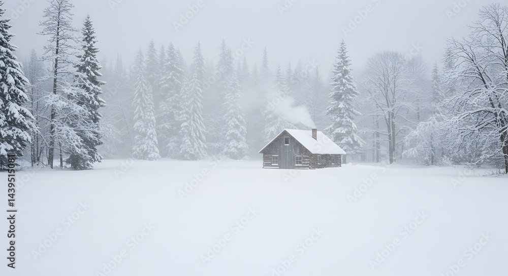 Naklejka premium Winter Solitude: A Cozy Cabin In Snow Covered Landscape Among Forest