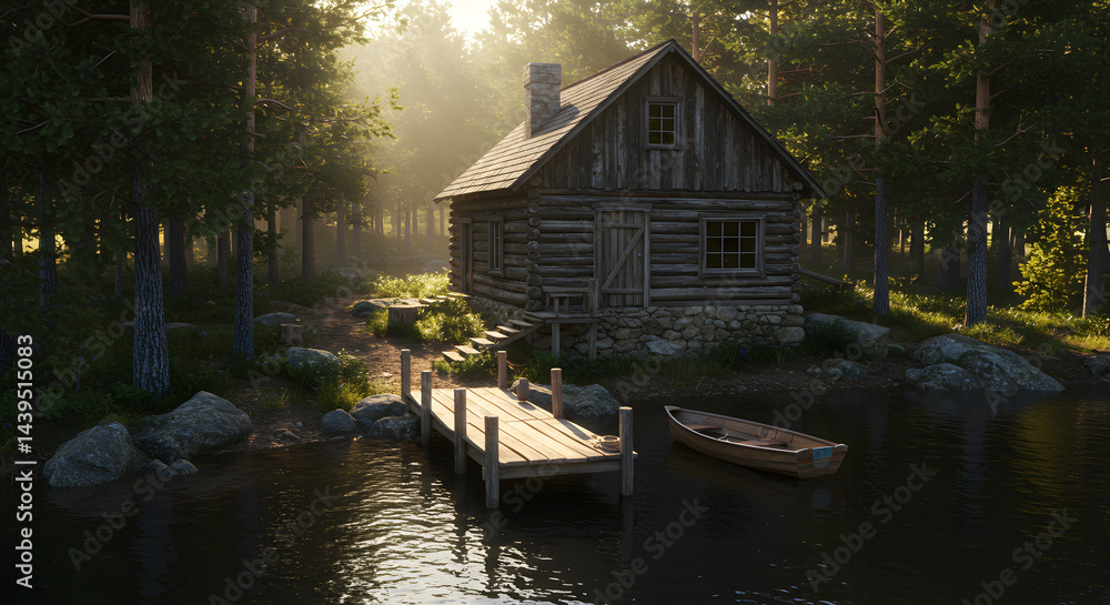 Fototapeta premium Tranquil Lakeside Cabin Retreat Amidst Shimmering Forest and Gentle Waters