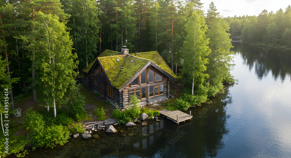 Fototapeta premium Lakeside Haven A Rustic Cabin Retreat With A Living Roof Amidst Forest Serenity