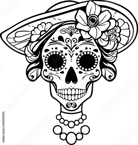 "Elegant Sugar Skull Lady – Black and White Day of the Dead Vector Art Featuring Floral and Ornamental Details with Vintage Accessories"