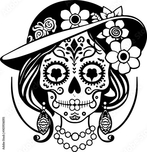 "Elegant Sugar Skull Lady – Black and White Day of the Dead Vector Art Featuring Floral and Ornamental Details with Vintage Accessories"