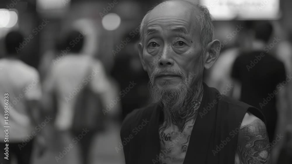 An elderly Asian man with a goatee and tattoos stands out in a bustling crowd in a monochromatic artistic style, featuring soft light and shallow focus. An elderly Asian man with a goatee and tattoos stands out in a bustling crowd in a monochromatic artistic style, featuring soft light and shallow focus.