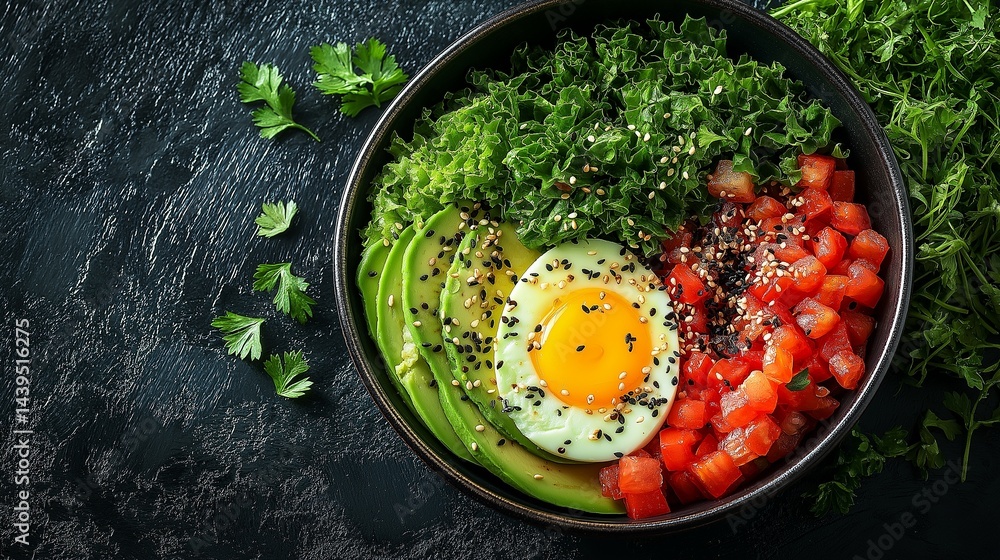 Top-down view of a healthy breakfast bowl with avocado, eggs, and fresh greens,generative ai illustration Top-down view of a healthy breakfast bowl with avocado, eggs, and fresh greens,generative ai illustration
