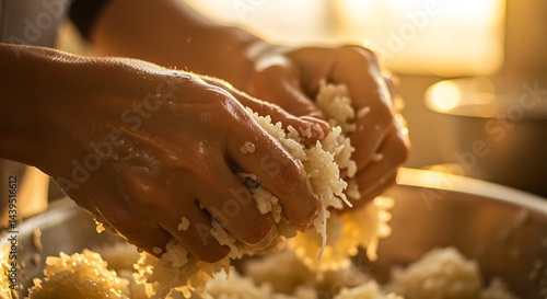 Hands Kneading Sauerkraut in Rustic Kitchen Setting