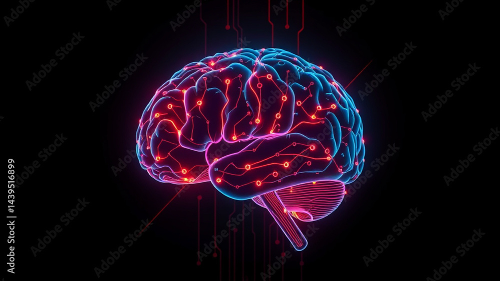 Futuristic brain illustration, vibrant and high-tech, showcasing neural connections and glowing circuitry Futuristic brain illustration, vibrant and high-tech, showcasing neural connections and glowing circuitry