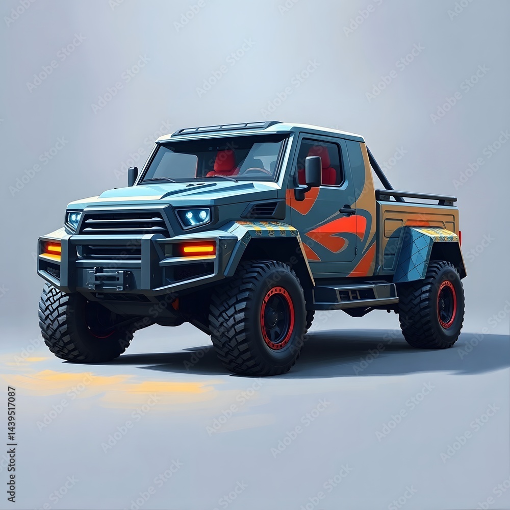 Abstract depicting a realistic, strong, futuristic 4x4 truck, in a random color art illustration design Abstract depicting a realistic, strong, futuristic 4x4 truck, in a random color art illustration design
