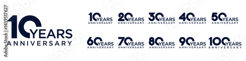 collection anniversary 10 to 100 year logo designs. abstract number for celebration event, wedding, greeting card, and invitation, vector illustration