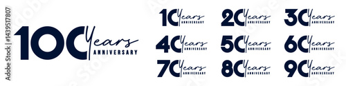 collection anniversary 10 to 100 year logo designs. abstract number for celebration event, wedding, greeting card, and invitation, vector illustration