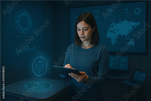 A smiling businesswoman interacts with her smartphone, surrounded by digital document icons and checkmarks, symbolizing technology and successful communication in a futuristic business environment