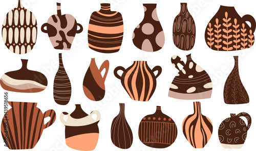 Clay vases silhouette collection. Ceramic jugs, pots and in minimalistic trendy style. Decorative, antique pottery vase set. Ceramic pottery