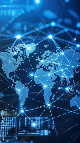 A digital world map displaying global network connections, symbolizing a smart connected city skyline, advanced technology