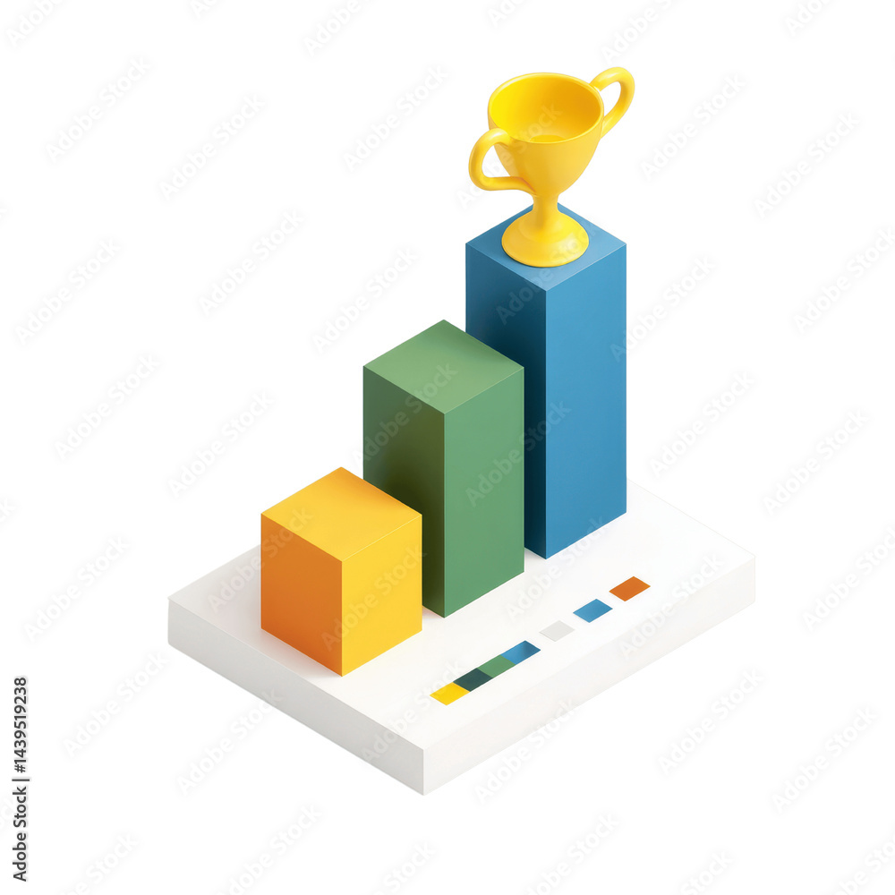 Isometric Illustration of a Gold Trophy on a Rising Bar Graph Representing Growth, Success, and Isometric Illustration of a Gold Trophy on a Rising Bar Graph Representing Growth, Success, and