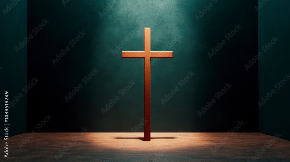 Naklejka premium Contemplative Moment of Prayer with an Empty Cross Illuminated in a Serene Atmosphere