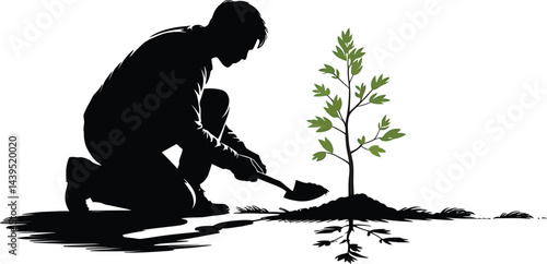 Silhouette illustration of man planting tree for environmental conservation and sustainable development